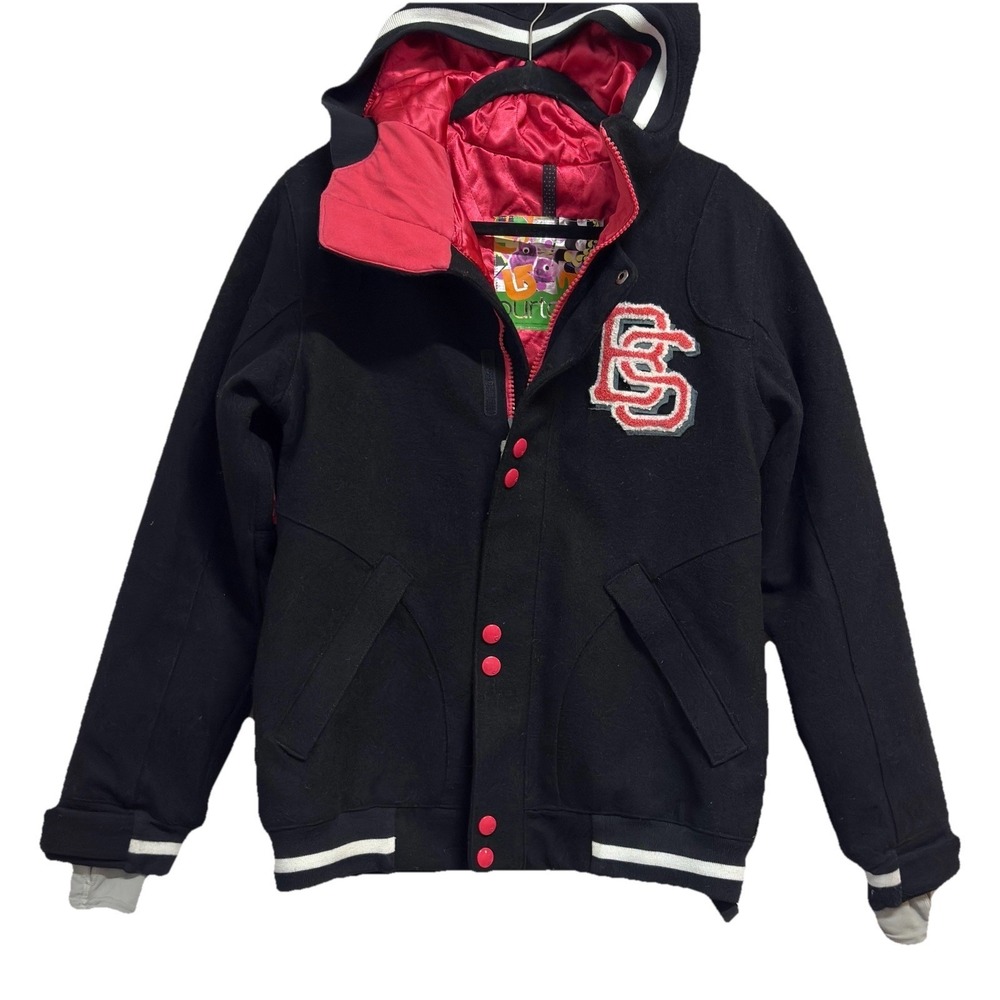 Burton Bomber Coat Women‎ M Snowboard Ski Jacket Wool Varsity Hood Black Pink